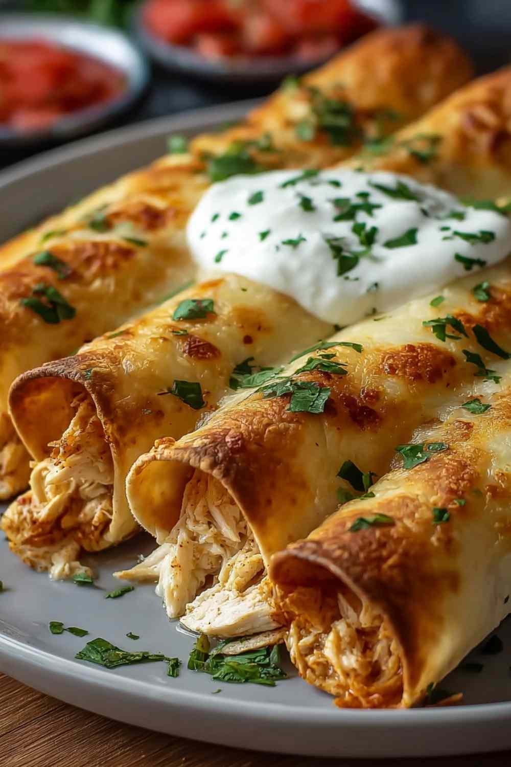 Baked cream cheese chicken taquitos arranged on baking sheet golden and crispy