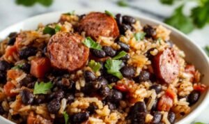 Black beans and rice with sausage in a large skillet garnished with fresh cilantro