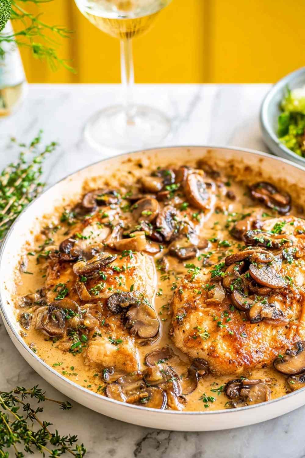 Chicken Marsala in skillet with creamy sauce.