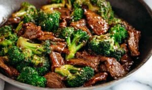 Chinese Beef and Broccoli in Skillet.