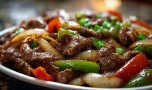 Chinese Pepper Steak with Onions Chinese Pepper Steak with Onions served over rice.