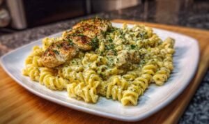Creamy garlic parmesan chicken pasta in large skillet with golden chicken pieces coated in rich cream sauce