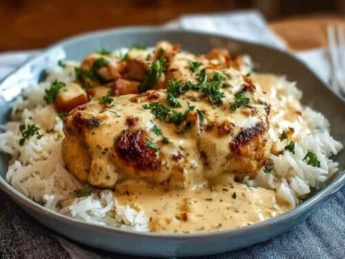 Golden brown chicken breasts cooking in creamy sauce in skillet for creamy smothered chicken and rice recipe