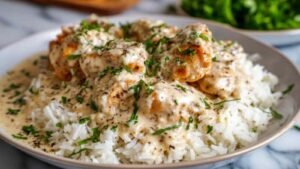 Creamy Smothered Chicken and Rice Recipe Easy Weeknight Dinner.