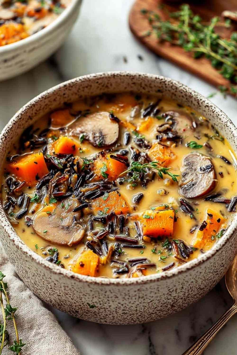 Finished Autumn Wild Rice Soup in bowls with garnishes.