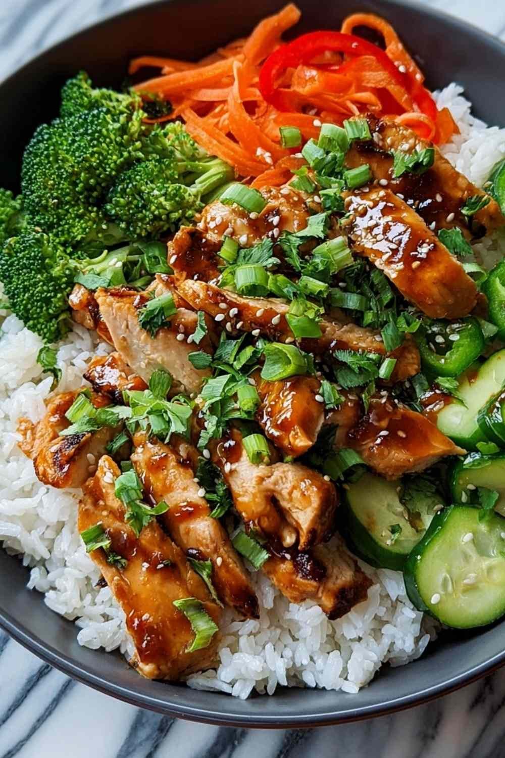 Finished Bang Bang Chicken Bowl in serving bowl.