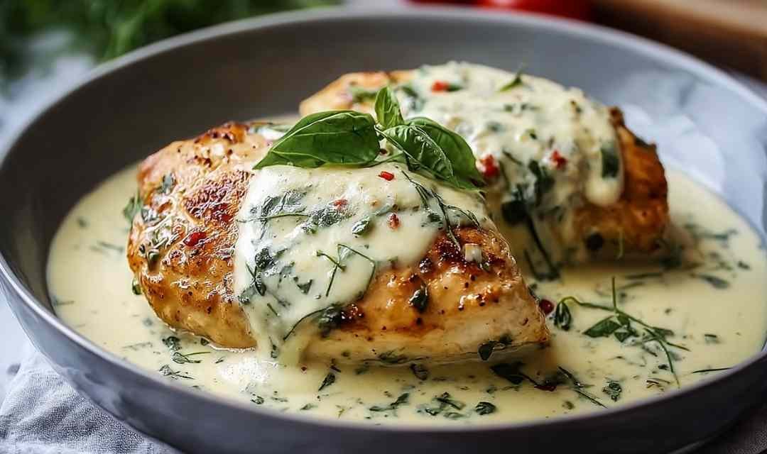 Mozzarella Chicken in Basil Cream Sauce