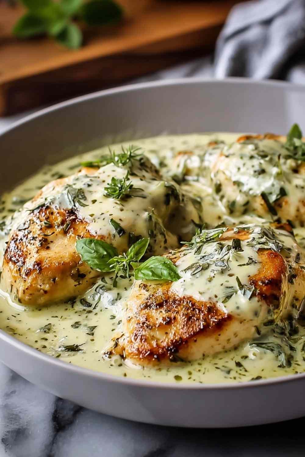 Golden seared chicken cooking in cream sauce in cast iron skillet.