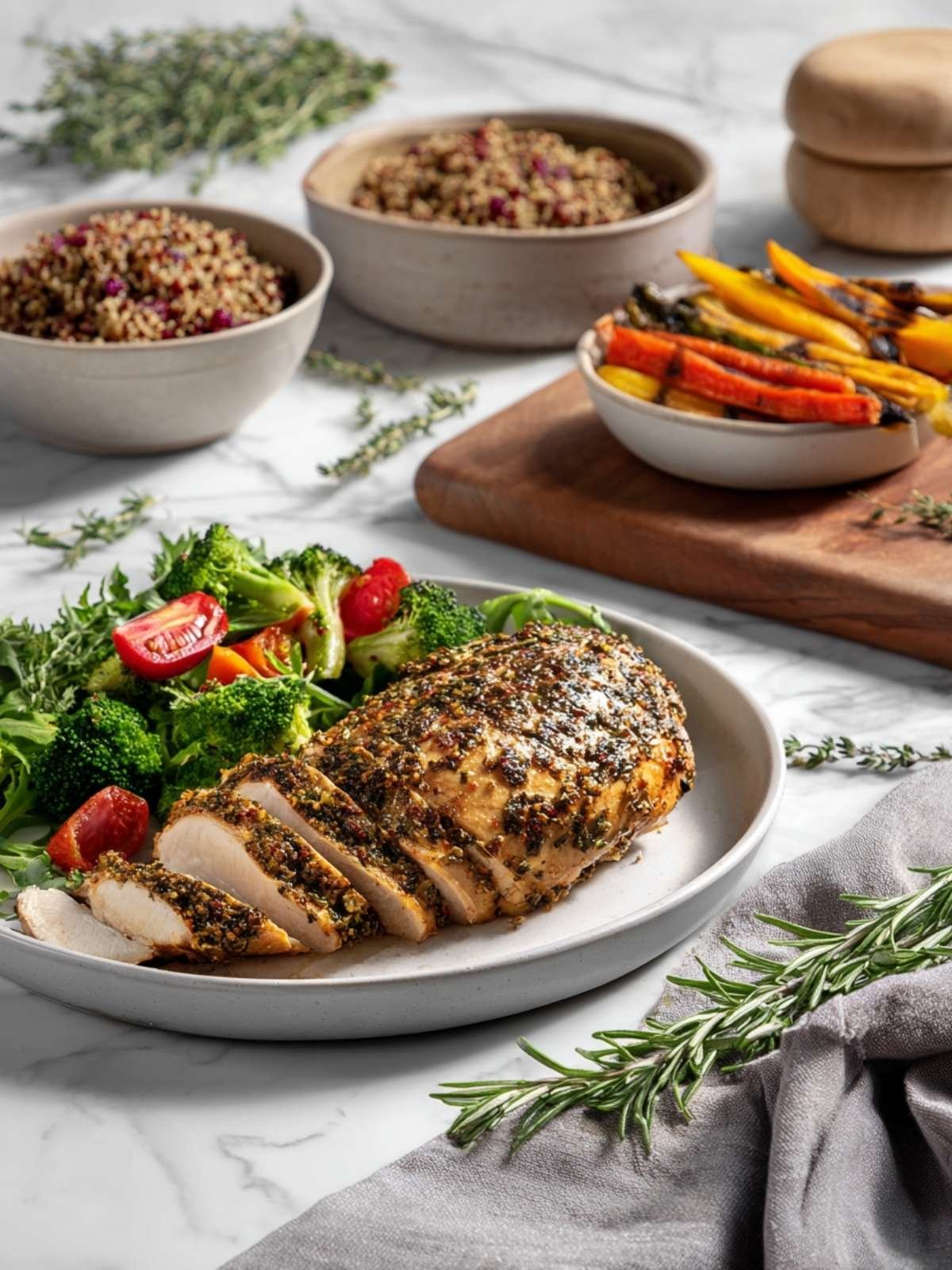 Easy Herb-Crusted Chicken with Roasted Vegetables - Healthy Dinner Recipe Herb-crusted grilled chicken breast sliced on white plate with fresh broccoli salad and roasted vegetables on marble kitchen counter
