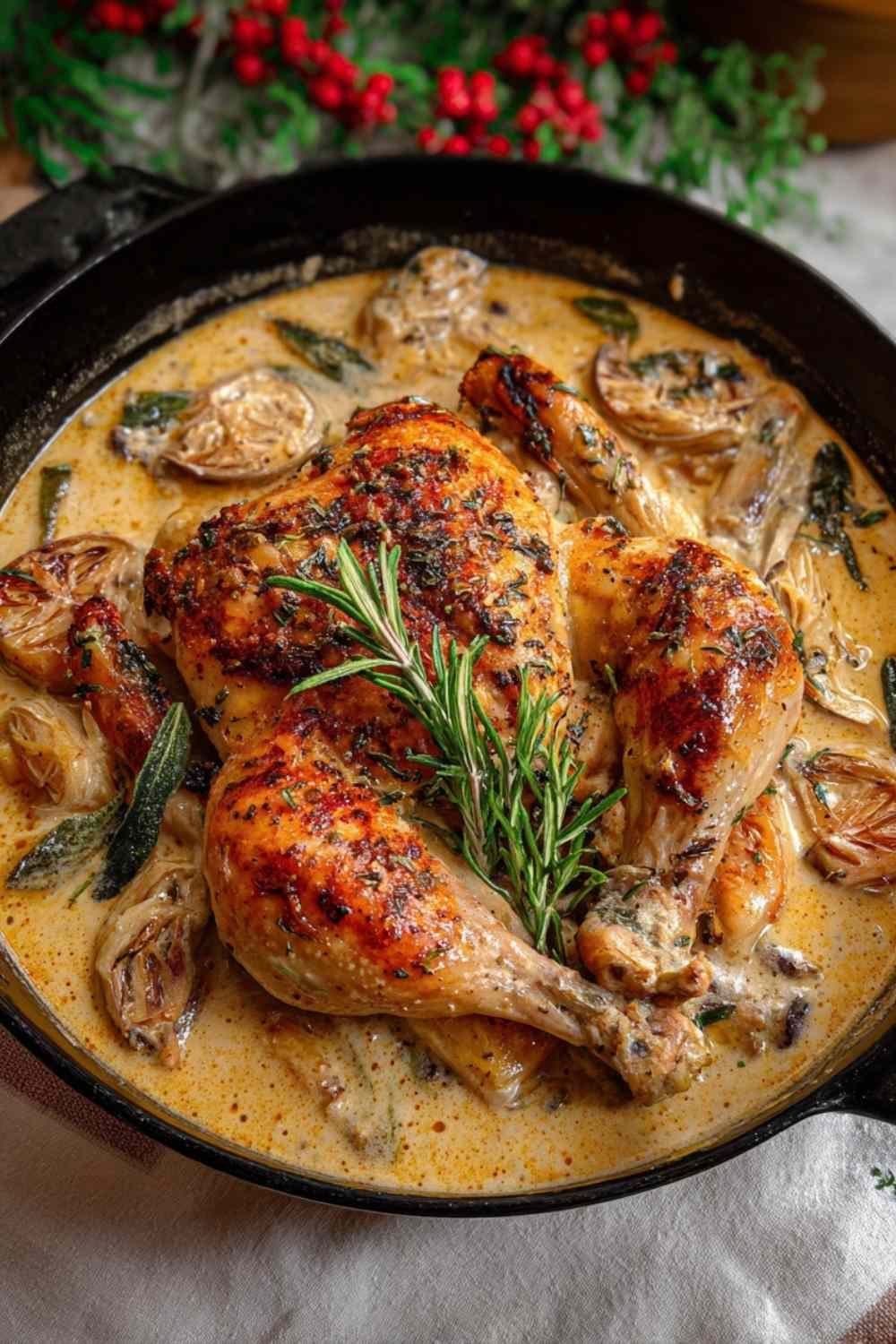 Herb roasted chicken in creamy white wine sauce with mushrooms and potatoes in Dutch oven