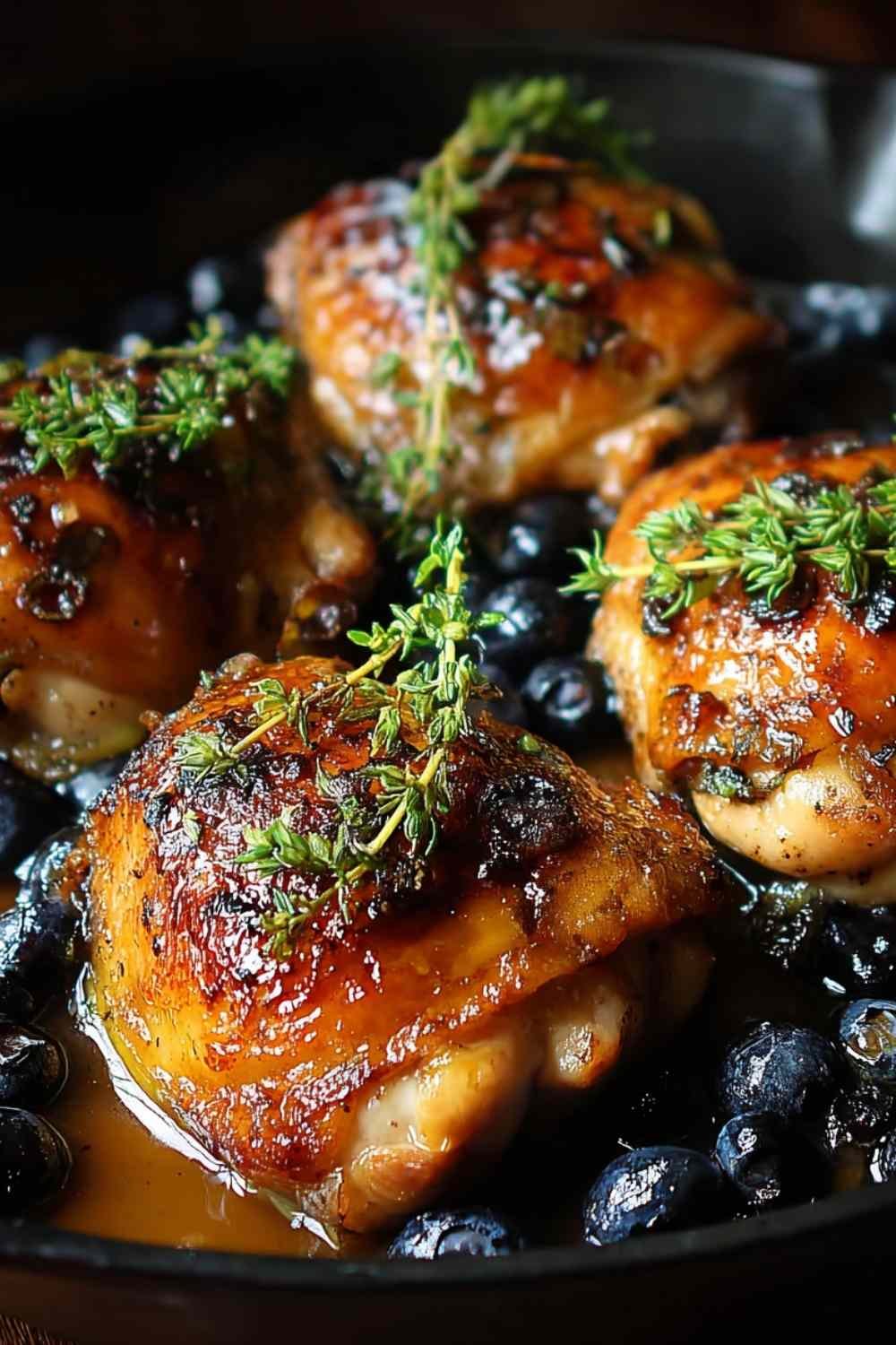 Blueberry thyme chicken breast on white plate with purple blueberry sauce and fresh thyme garnish