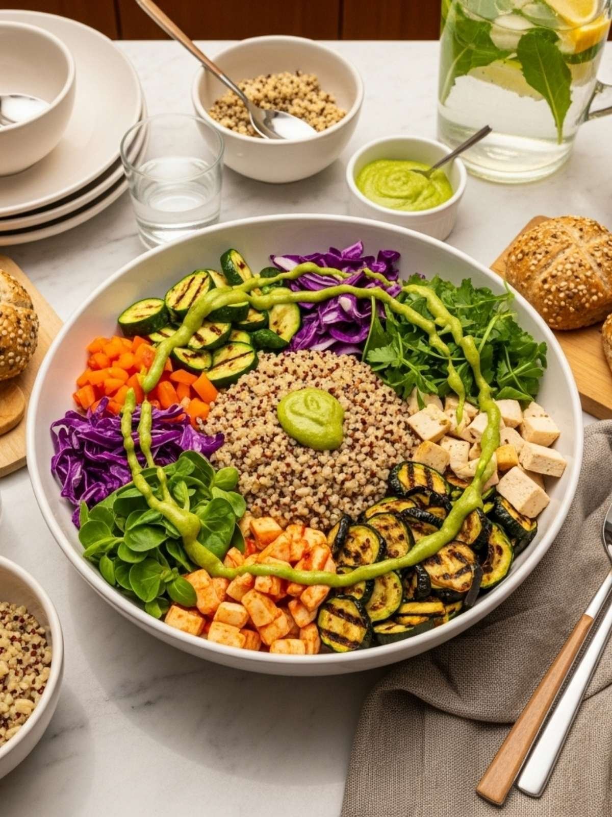 Healthy Rainbow Quinoa Bowl - Quick Family Dinner Recipe Colorful quinoa grain bowl with grilled vegetables, tofu, purple cabbage and green dressing on white marble kitchen counter