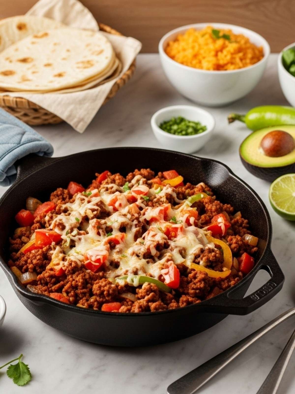 One-Pan Ground Beef Skillet with Vegetables - Quick Dinner Recipe Ground beef skillet with melted cheese, bell peppers and onions in cast iron pan with tortillas and avocado on marble counter