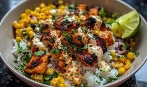 Street Corn Chicken Rice Bowl with charred corn, sliced chicken, cotija cheese and fresh cilantro