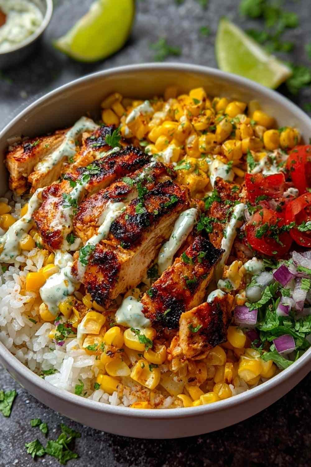 Street Corn Chicken Rice Bowl with charred corn, sliced chicken, cotija cheese and fresh cilantro