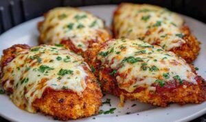 Air fryer chicken parmesan on white plate with melted mozzarella cheese and marinara sauce