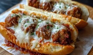 Cheesy Meatball Subs Assembled Cheesy Meatball Sub with Melted Cheese