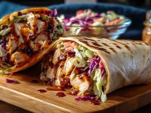 BBQ chicken coleslaw wraps sliced in half showing layers of smoky chicken and crunchy coleslaw on white plate