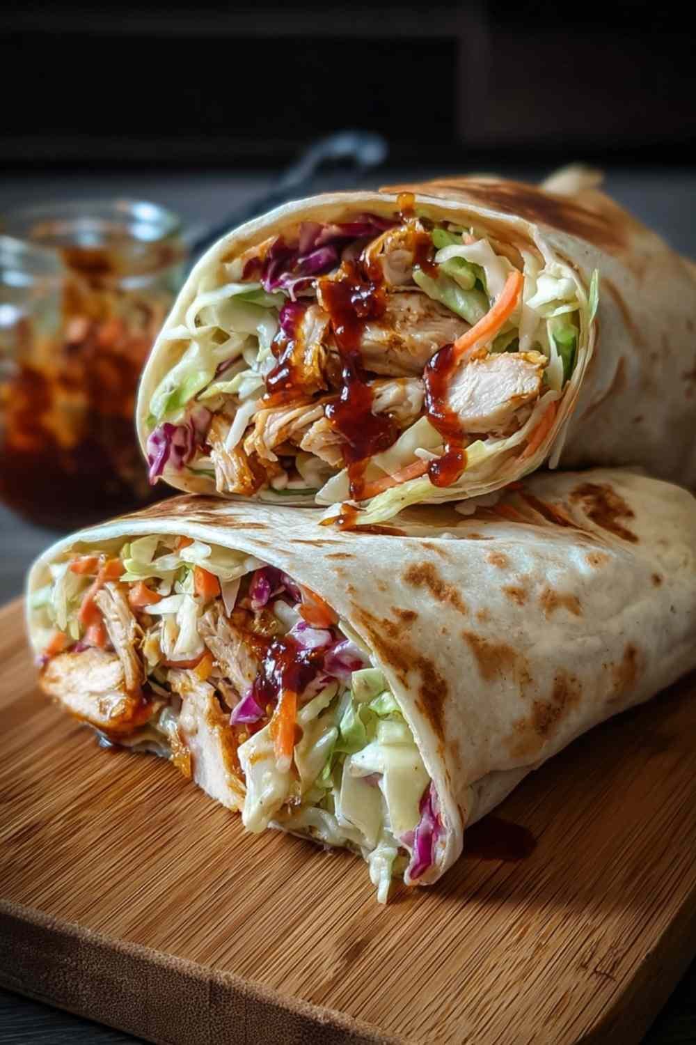 BBQ chicken coleslaw wraps sliced in half showing layers of smoky chicken and crunchy coleslaw on white plate