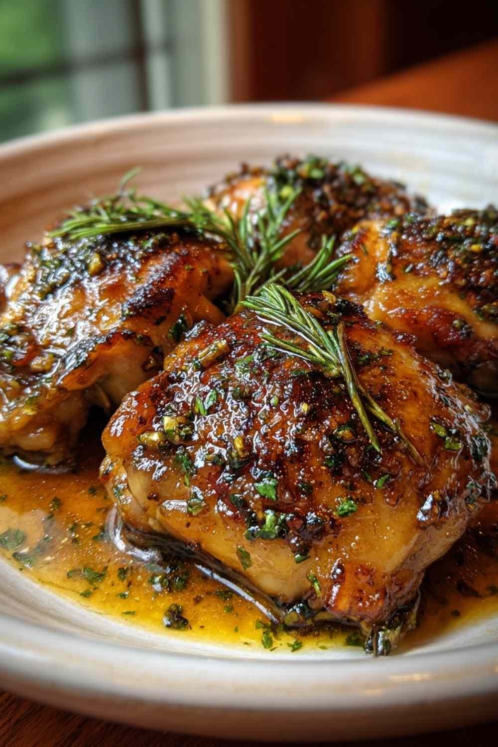 Brown Sugar Dijon Chicken Thighs with caramelized glaze on white plate with green beans and mashed potatoes