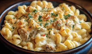 Cheesy Cajun Garlic Chicken Rotini Skillet with melted cheese and fresh parsley garnish