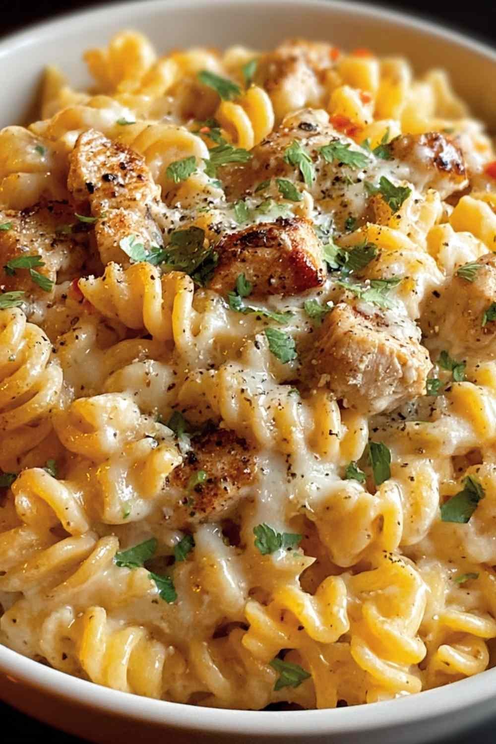 Cheesy Cajun Garlic Chicken Rotini Skillet with melted cheese and fresh parsley garnish
