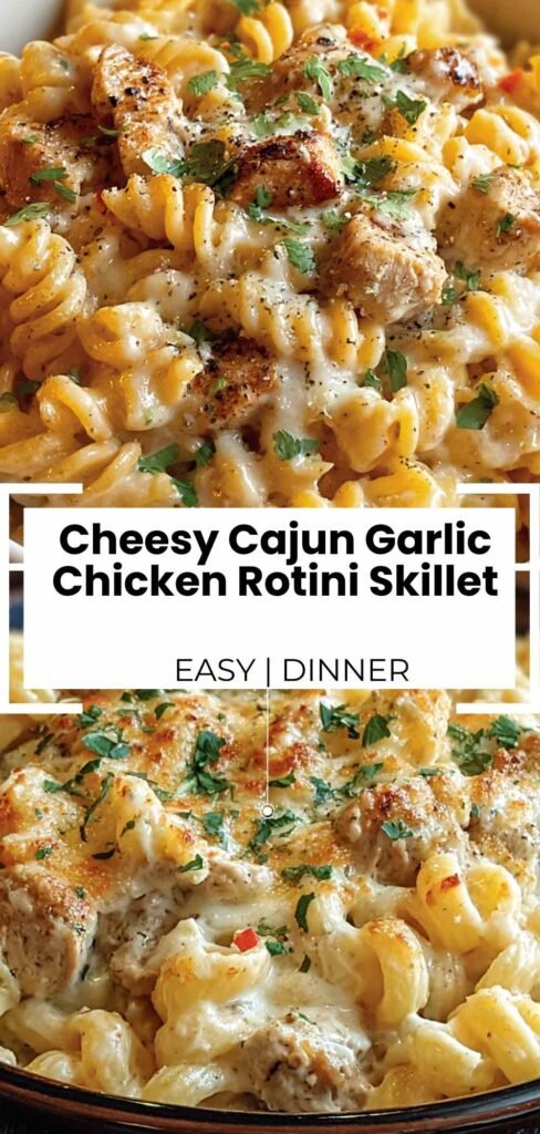Cheesy Cajun Garlic Chicken Rotini Skillet with melted cheese and fresh parsley garnish