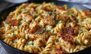Cheesy Cajun Garlic Chicken Rotini Skillet in cooking pan