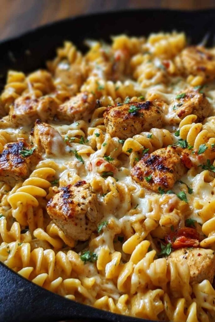 Cheesy Cajun Garlic Chicken Rotini Skillet in cooking pan