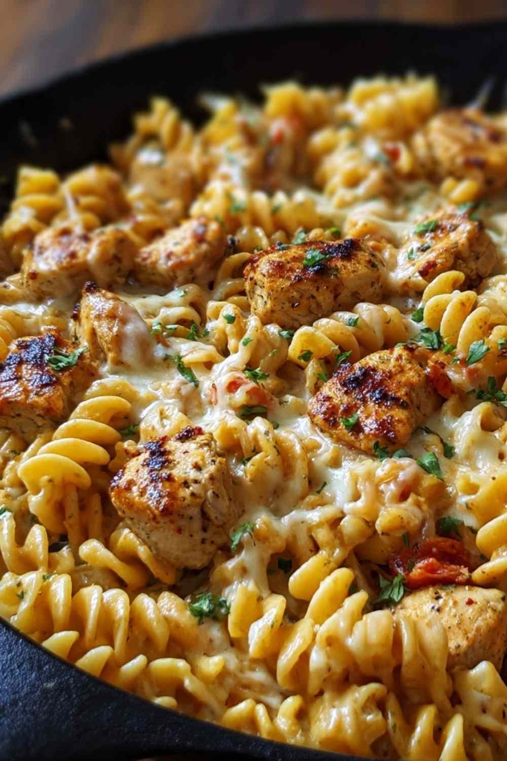Cheesy Cajun Garlic Chicken Rotini Skillet in cooking pan