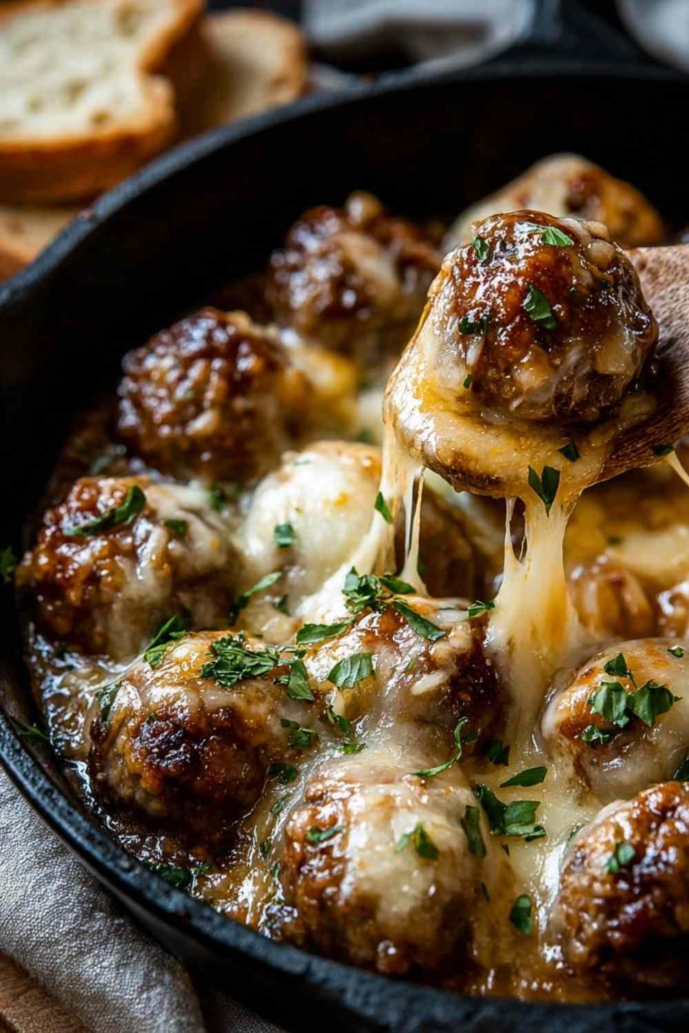 Cheesy French Onion Meatballs Recipe - Easy One-Skillet Dinner.
