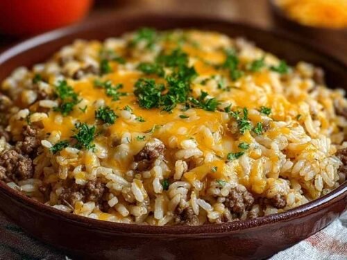 Cheesy hamburger rice casserole with melted cheddar cheese in a white baking dish garnished with fresh parsley