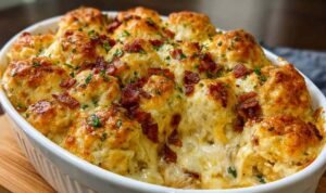 Chicken Bubble Biscuit Bake Casserole with golden biscuits and melted cheese in a baking dish