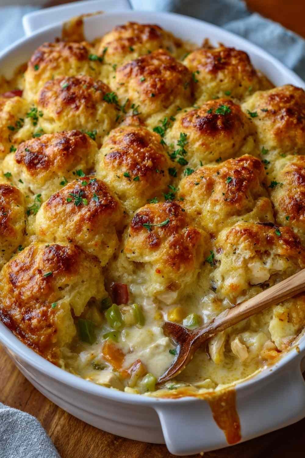Chicken Bubble Biscuit Bake Casserole with golden biscuits and melted cheese in a baking dish