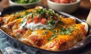 Chicken enchiladas with melted cheese and red sauce in baking dish