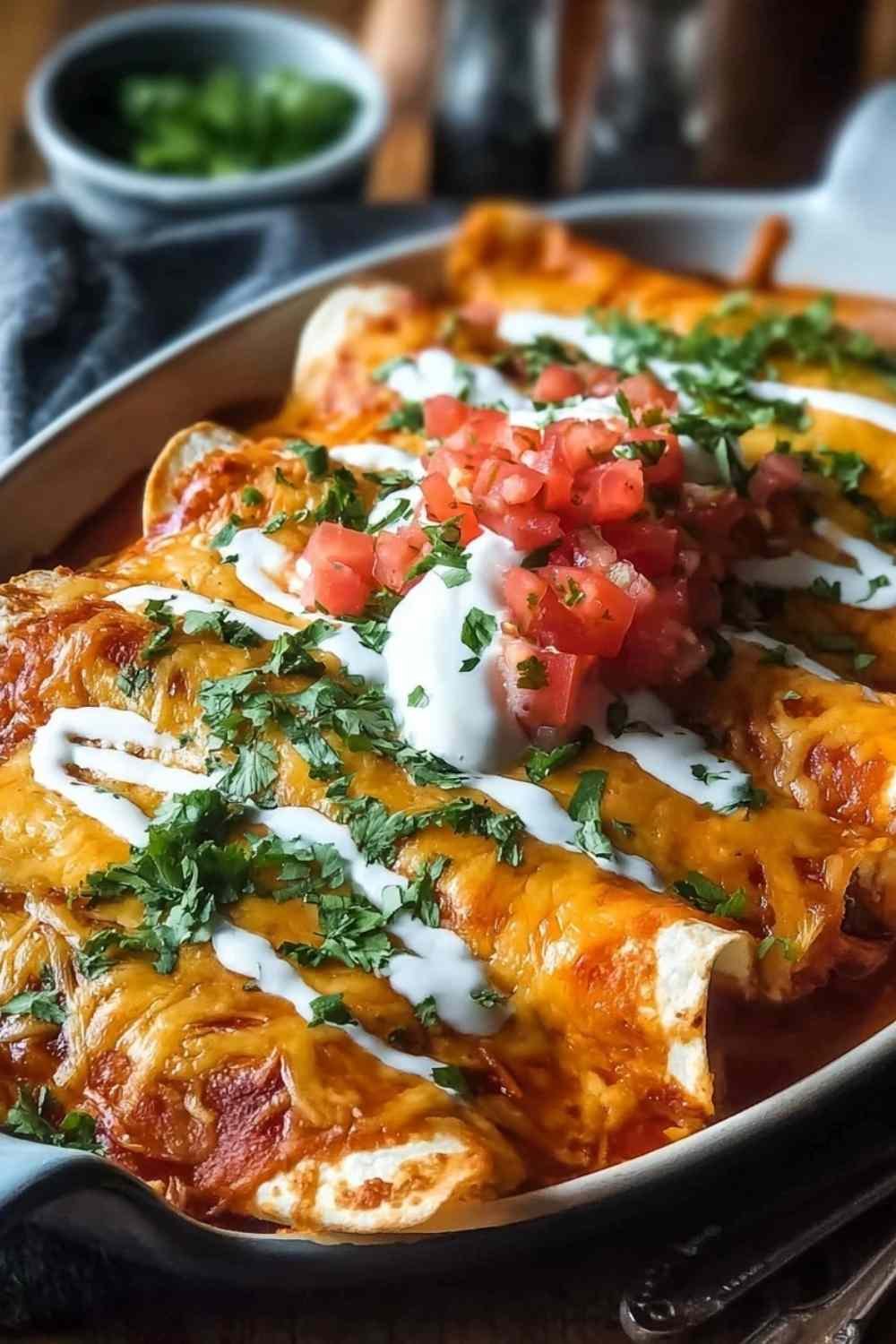 Chicken enchiladas with melted cheese and red sauce in baking dish