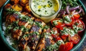 Chimichurri Grilled Chicken Bowl with Creamy Garlic Sauce - Easy Dinner Recipe.
