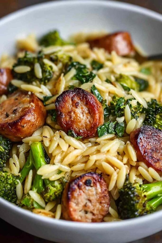 One pot chicken sausage broccoli orzo pasta dinner with parmesan