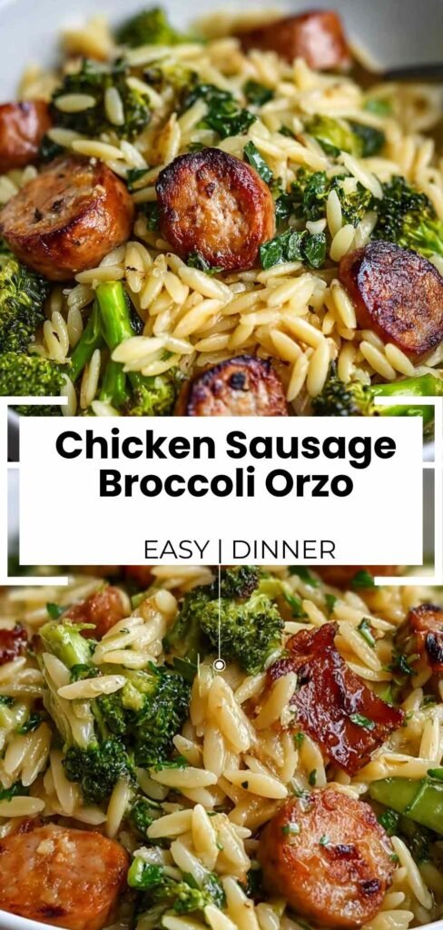 One pot chicken sausage broccoli orzo pasta dinner with parmesan