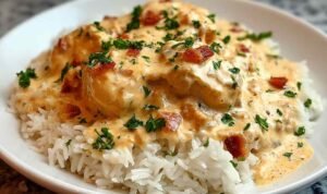 Homemade Creamy Smothered Chicken and Rice with melted cheese sauce