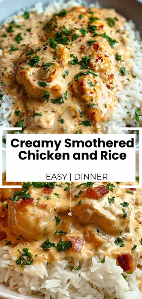 Homemade Creamy Smothered Chicken and Rice with melted cheese sauce