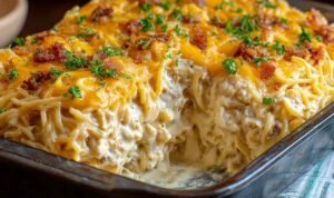 Creamy Southern Spaghetti Bake with melted cheese and bacon in white baking dish