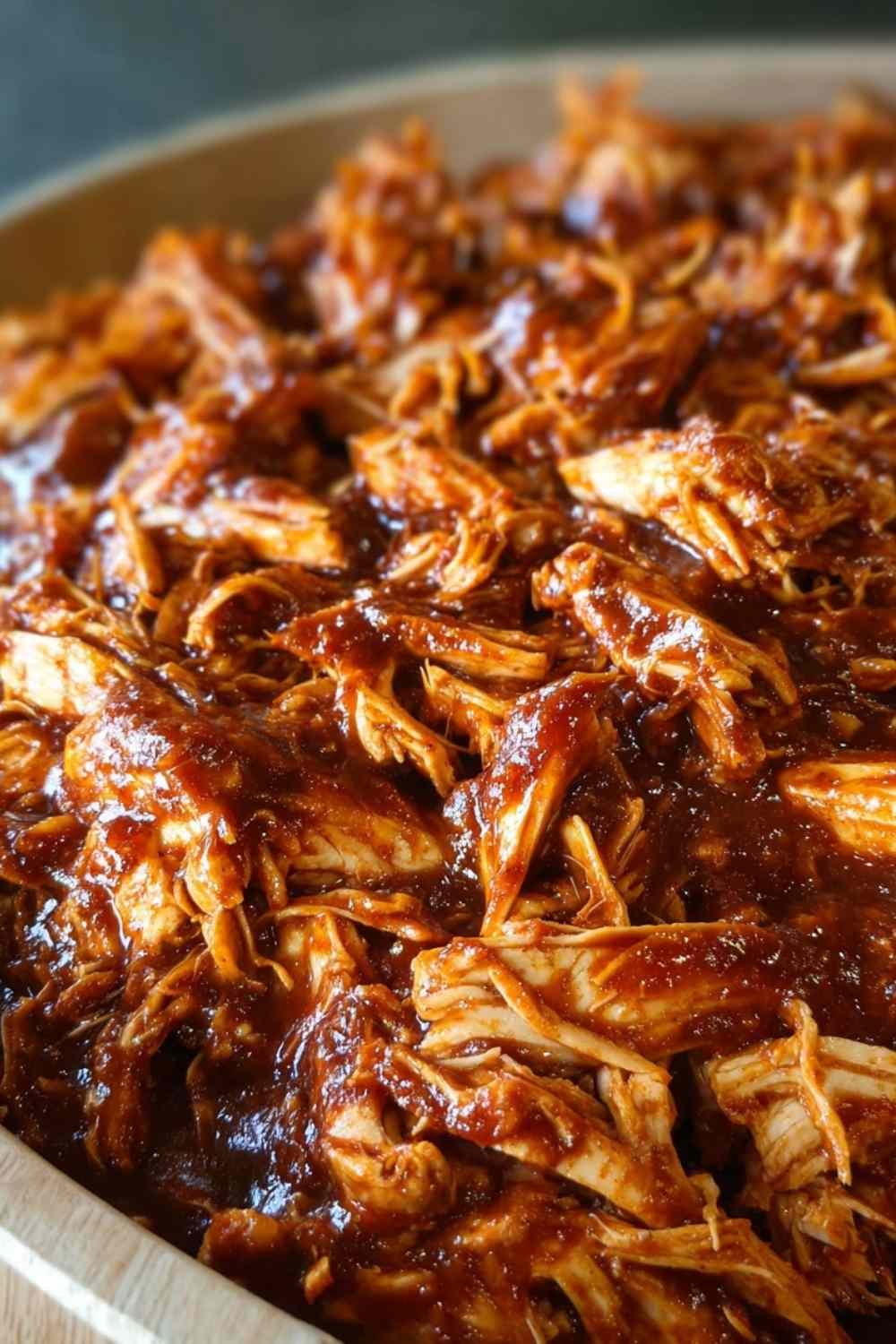 Tender shredded Crockpot BBQ Chicken in slow cooker with smoky barbecue sauce