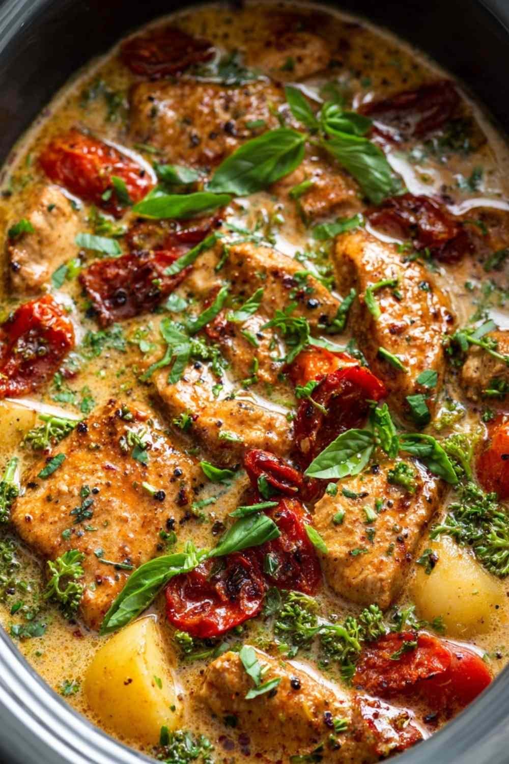 Crockpot marry me chicken with creamy parmesan sauce and sun-dried tomatoes in white serving bowl