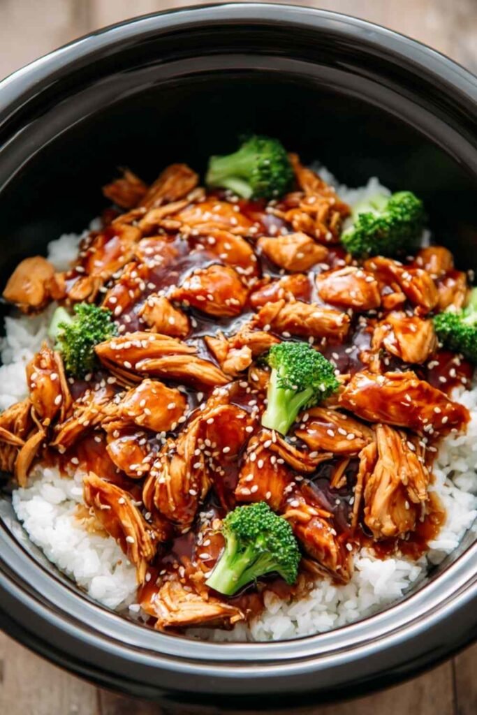 Homemade crockpot teriyaki chicken with broccoli served over white rice