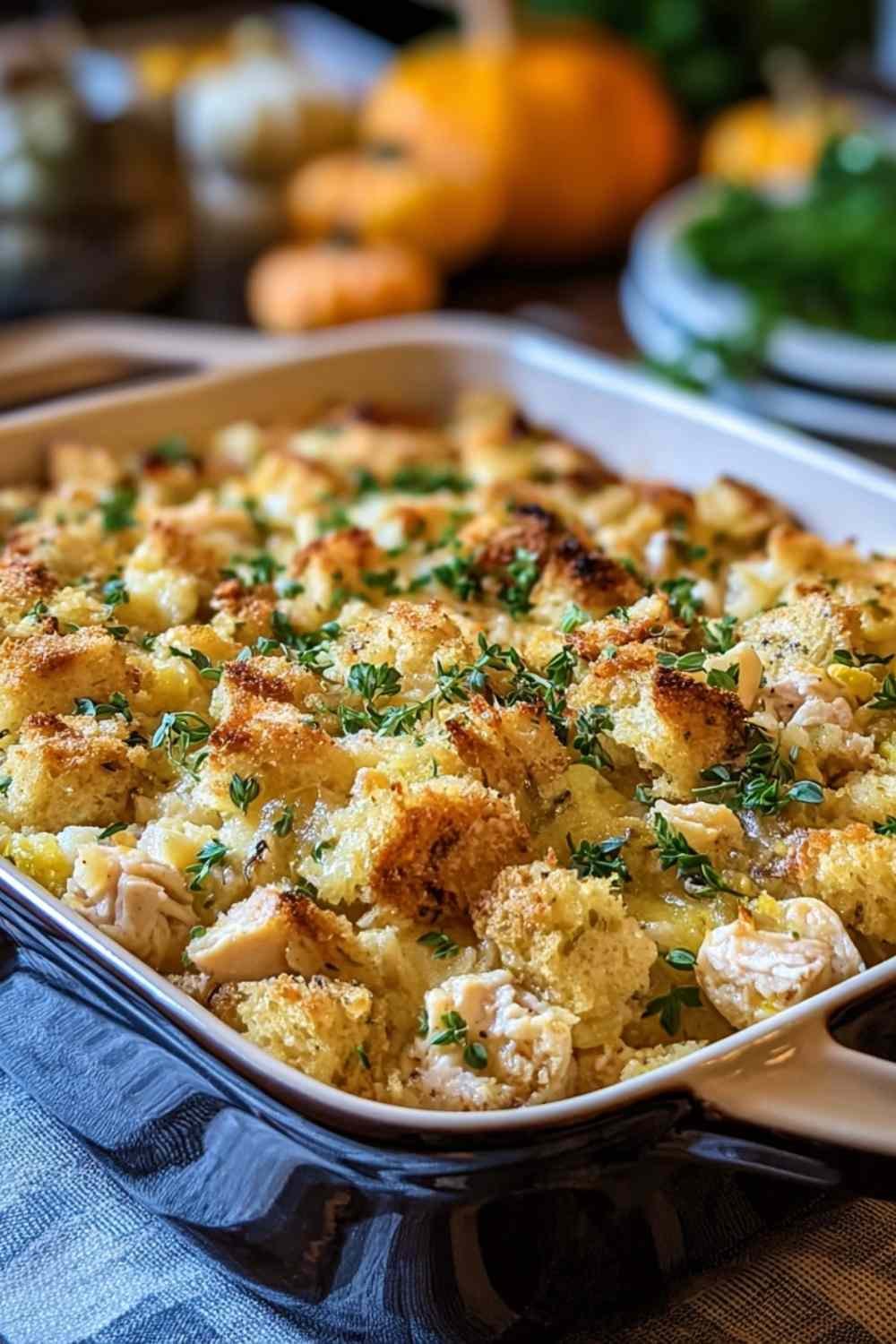Dolly's chicken and stuffing casserole with golden crispy topping in baking dish