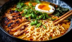 Fiery Chicken Ramen with Creamy Garlic Sauce (30 Minute Dinner Recipe)..