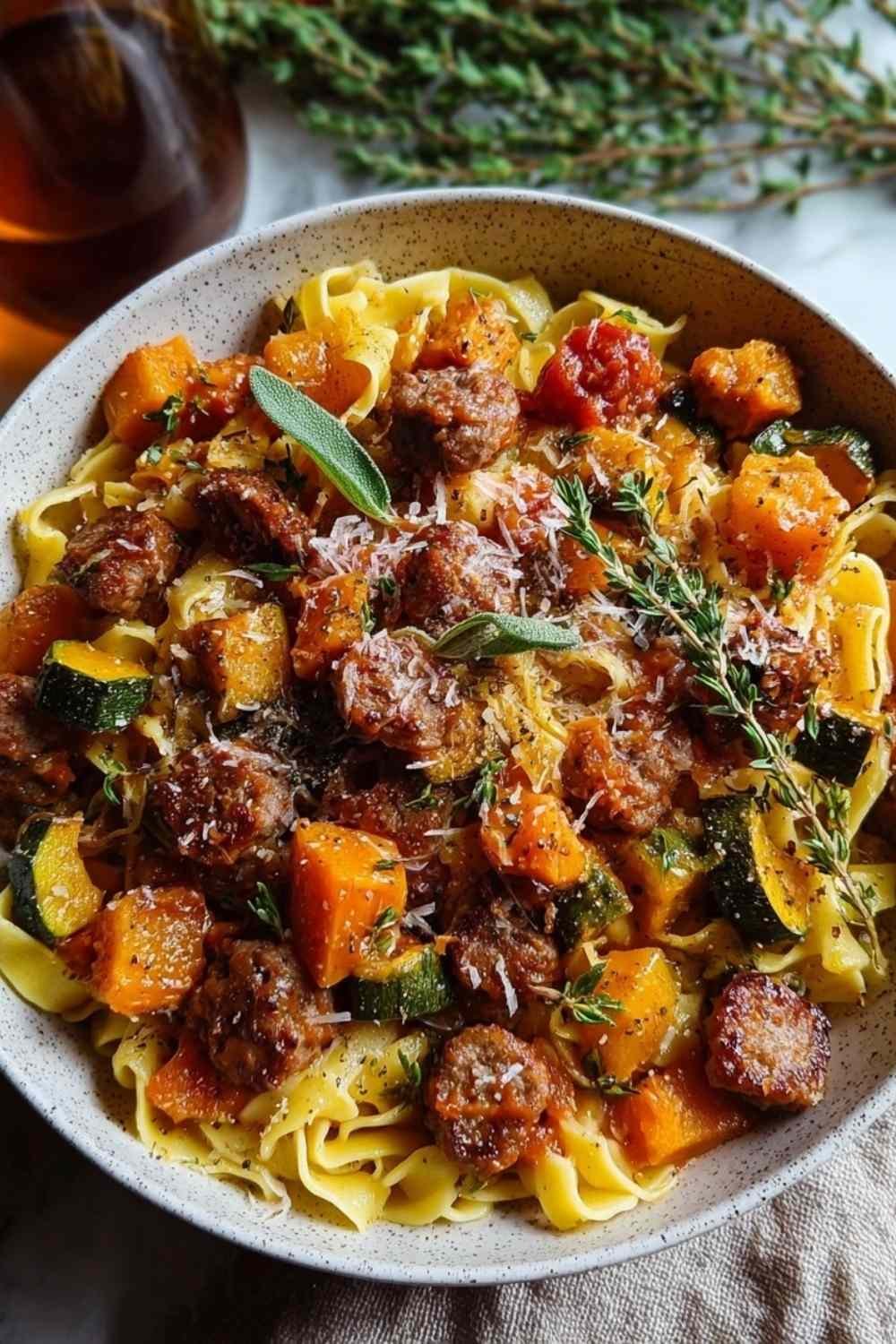 Autumn Sausage Pasta Squash with roasted butternut squash, Brussels sprouts, and smoked sausage in garlic butter sauce