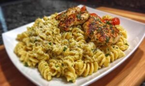 Finished Creamy Garlic Parmesan Chicken Pasta in Skillet
