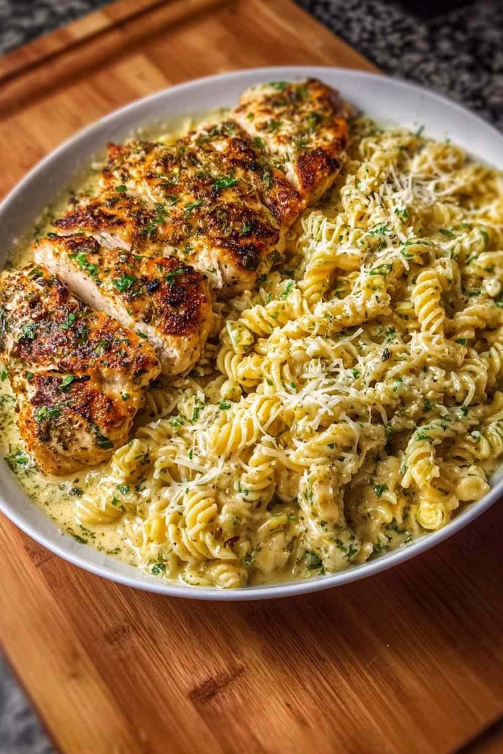 Finished Creamy Garlic Parmesan Chicken Pasta in Skillet.